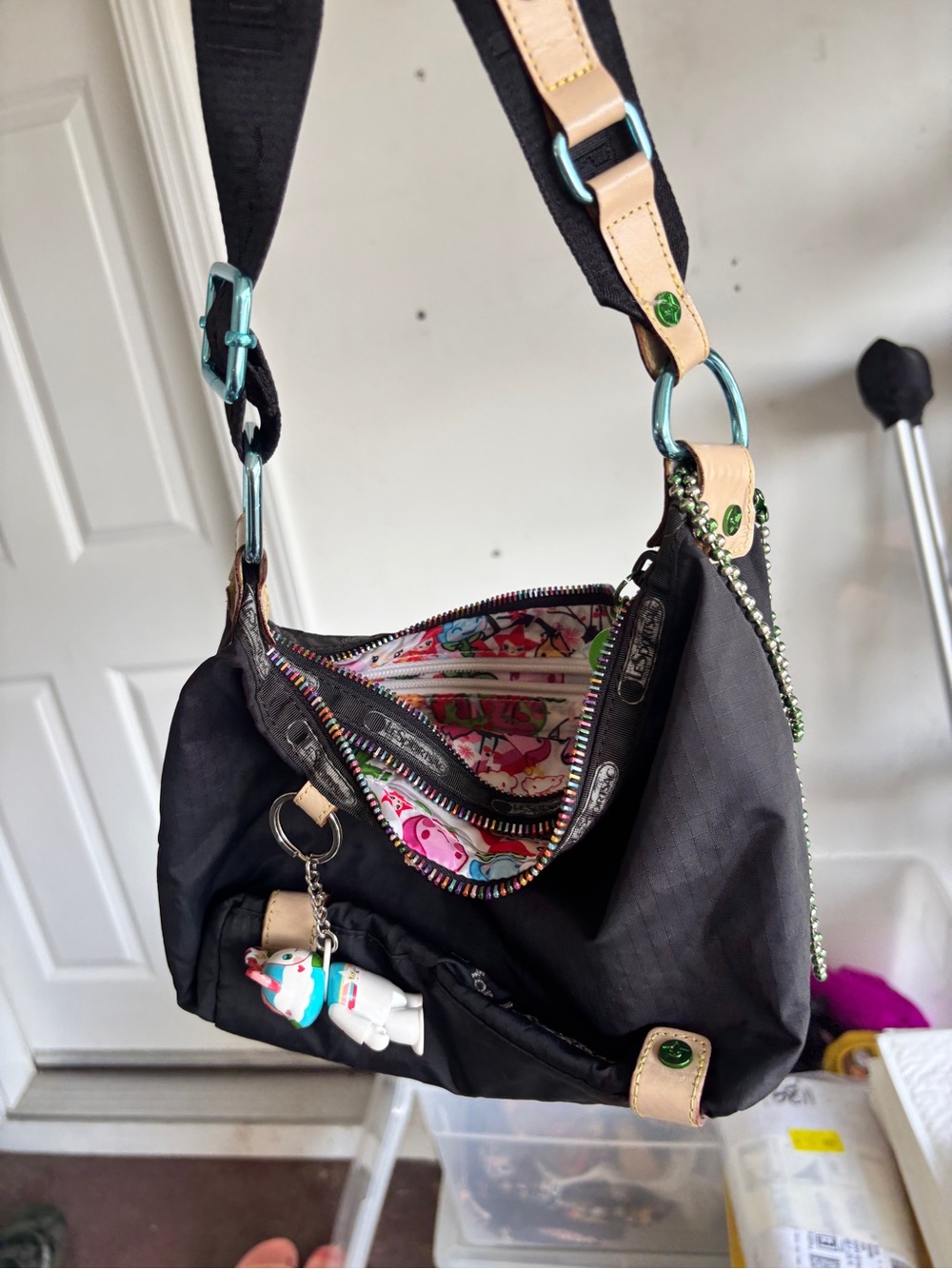 Tokidoki Black Crossbody Shoulder Bag with Beige Trim and Playful Lining